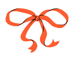 Red ribbon bow isolated on transparent background. Trendy hair braiding accessory. Hand drawn vector illustration.