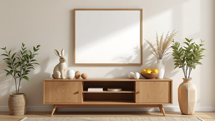 An inviting Easter living room setup with a mock up poster frame positioned above a wooden sideboard, decorated with a hare sculpture, an elegant bowl of lemons, a rustic pitcher, a geometric cube
