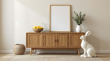 A charming Easter living room setup featuring a wooden sideboard, a blank mock up poster frame, and a graceful hare sculpture