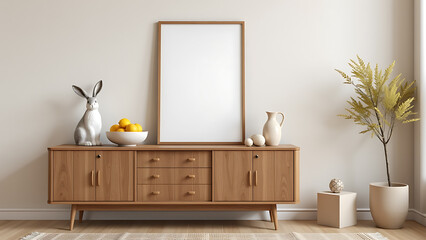 A cozy Easter living room design featuring a wooden sideboard, a blank mock up poster frame, and a decorative hare sculpture