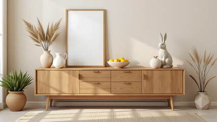 A cozy Easter living room design featuring a wooden sideboard, a blank mock up poster frame, and a decorative hare sculpture