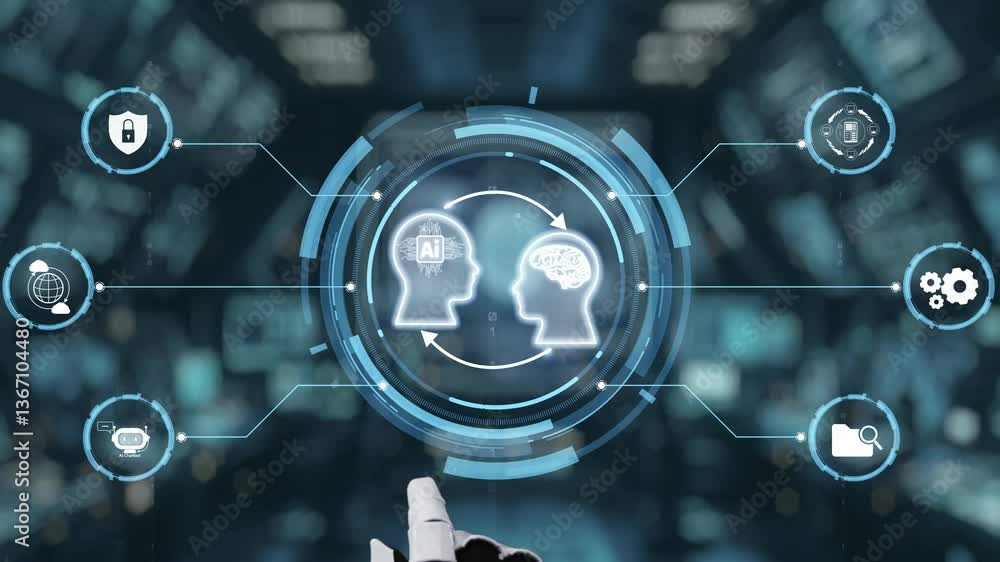 Poster a robotic hand engages with a high-tech digital interface, symbolizing the integration of artificial