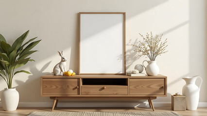 A charming easter living room interior with a mock up poster frame on a rustic wooden sideboard, a delicate hare sculpture, a stylish bowl filled with fresh lemons
