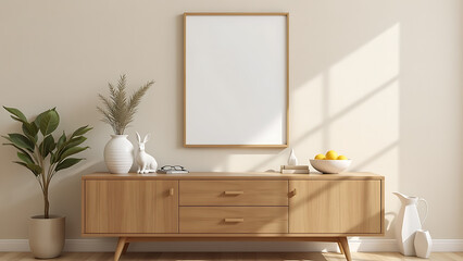 A serene easter living room with a mock up poster frame above a polished wooden sideboard, an elegant hare sculpture, a simple bowl of bright lemons, a sleek pitcher next to a geometric cube