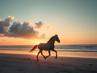 Majestic Horse Running on Beach at Sunset, Dramatic Sky, Ocean Waves, Golden Hour Scenery.