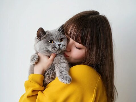 Young woman lovingly holding a gray cat in a bright home. Close-up portrait with soft lighting, high-quality image on a white background.  