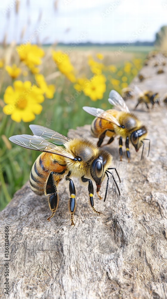 Poster two bees resting on a rock in a natural environment highlighting their intricate features and colors