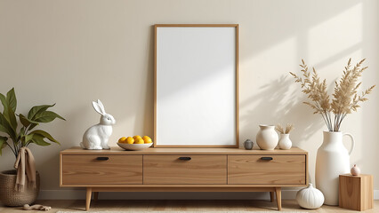 A festive easter living room interior featuring a mock up poster frame on a modern wooden sideboard, a white hare sculpture, a stylish bowl with juicy lemons