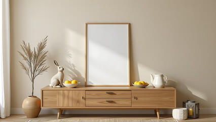 A cozy easter living room interior with a mock up poster frame on a minimalist wooden sideboard, a decorative hare sculpture, a simple bowl of fresh lemons, a rustic pitcher next to a small cube