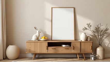 A cozy easter living room interior with a mock up poster frame on a minimalist wooden sideboard, a decorative hare sculpture, a simple bowl of fresh lemons, a rustic pitcher next to a small cube