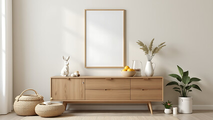 A tranquil Easter living room interior with a mock up poster frame displaying seasonal designs on a textured beige wall, providing a clean and refined backdrop