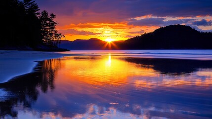 Obraz premium Stunning Sunset over Ocean Beach with Silhouetted Trees reflecting in calm water