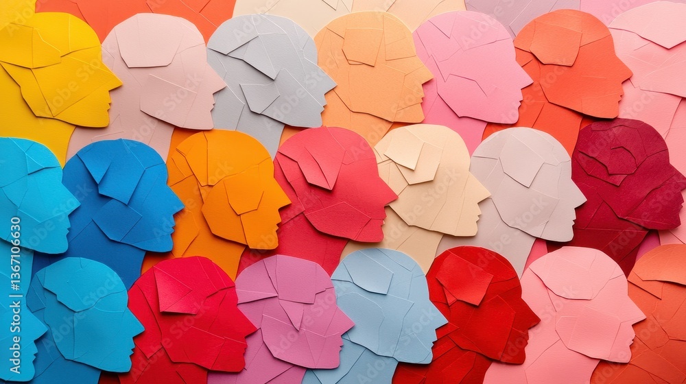 Poster colorful paper cutout faces in various tones arranged in a pattern for creative background or design