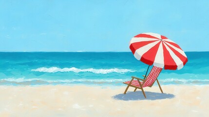 Bright Beach Scene with Red and White Striped Umbrella and Empty Deck Chair on Sandy Shoreline Under Clear Sky