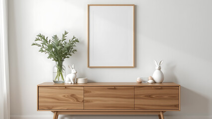 A stylish Easter inspired living room featuring a mock up poster frame above a minimalist wooden sideboard, adorned with a glass vase of fresh greenery, an Easter bunny figurine, a glass bowl
