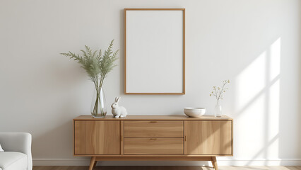 A stylish Easter inspired living room featuring a mock up poster frame above a minimalist wooden sideboard, adorned with a glass vase of fresh greenery, an Easter bunny figurine, a glass bowl