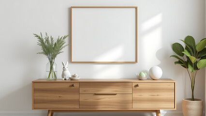 A stylish Easter inspired living room featuring a mock up poster frame above a minimalist wooden sideboard, adorned with a glass vase of fresh greenery, an Easter bunny figurine, a glass bowl
