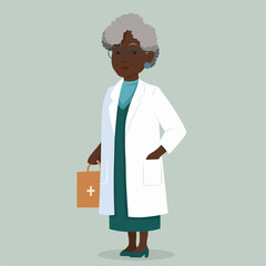 Vector flat illustration of old African woman doctor professional. Black woman pharmacist. Researcher in laboratory. Illustration for articles about professions