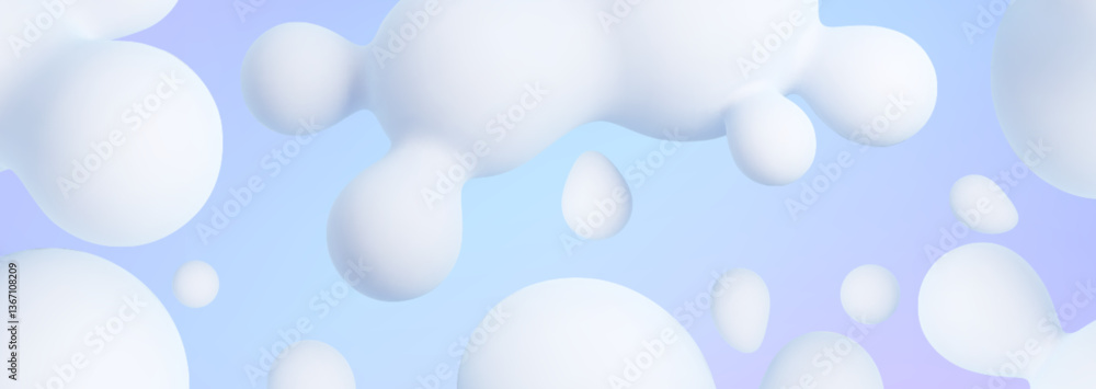 Poster 3d blob banner with white liquid shapes on blue gradient background. smooth floating spherical objec