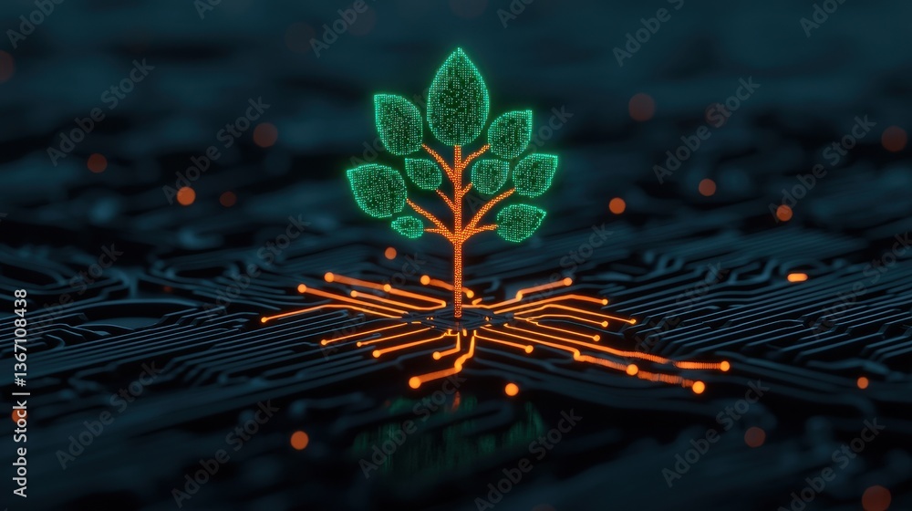 Poster digital growth concept with green tree emerging from circuit board in futuristic design