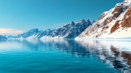 Stunning Serene Winter Landscape Snow Capped Mountains Reflecting in Calm Blue Water