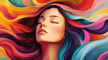 A serene stylized portrait of a woman with vibrant flowing hair, ideal for Women's Day promotions, creative design, or wellness campaigns. illustration