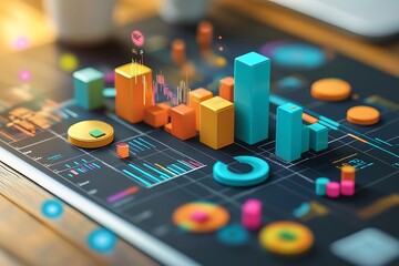 An abstract digital marketing budget planning visualization, creatively using vibrant icons and modern design elements to represent the allocation and management of resources