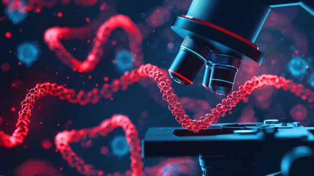 Close-up of Scientific Microscope Observing Red DNA Strand with Virus Particles in Background, Concept of Research