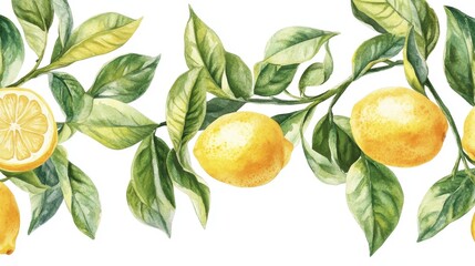 Watercolor Lemon tree branches seamless border,lemon set On a white background,Summer citrus fruit,Juicy colors,Hand drawn lemon set,Botanical illustration collection,Whole lemons,banner menu drink.