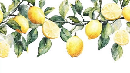 Watercolor Lemon tree branches seamless border,lemon set On a white background,Summer citrus fruit,Juicy colors,Hand drawn lemon set,Botanical illustration collection,Whole lemons,banner menu drink.