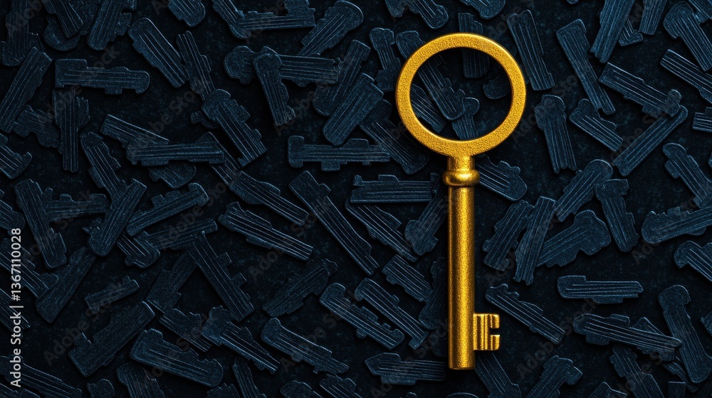 Aufkleber antique golden key surrounded by black keys creating a unique and artistic perspective for a stock p