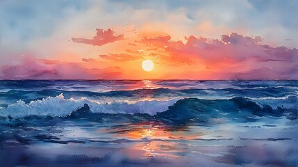 Ocean sunset, waves crashing on beach, colorful sky