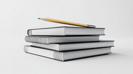 3D illustration of a stack of textbooks and notebooks with a pencil on top, ultra-sharp and clear, isolated on a white background illustration