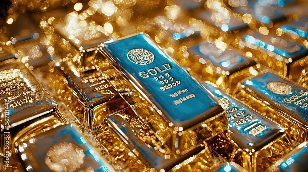 Poster exquisite gold bars displayed in maximalist style with gleaming luster and intricate designs, creati