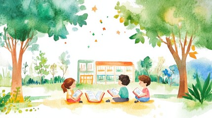 Illustration of Children's Day. Children, books reading in home with friends, learning or diversity for reading at school playground. Kids, education or study with support, water color style illustra