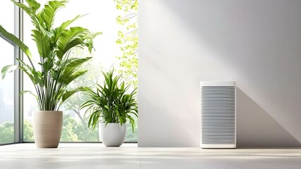 Fototapeta premium A modern indoor space featuring two potted plants and an air purifier beside a large window with natural light. Concept Indoor Plants, Natural Light, Air Purifier, Modern Decor, Minimalist Design