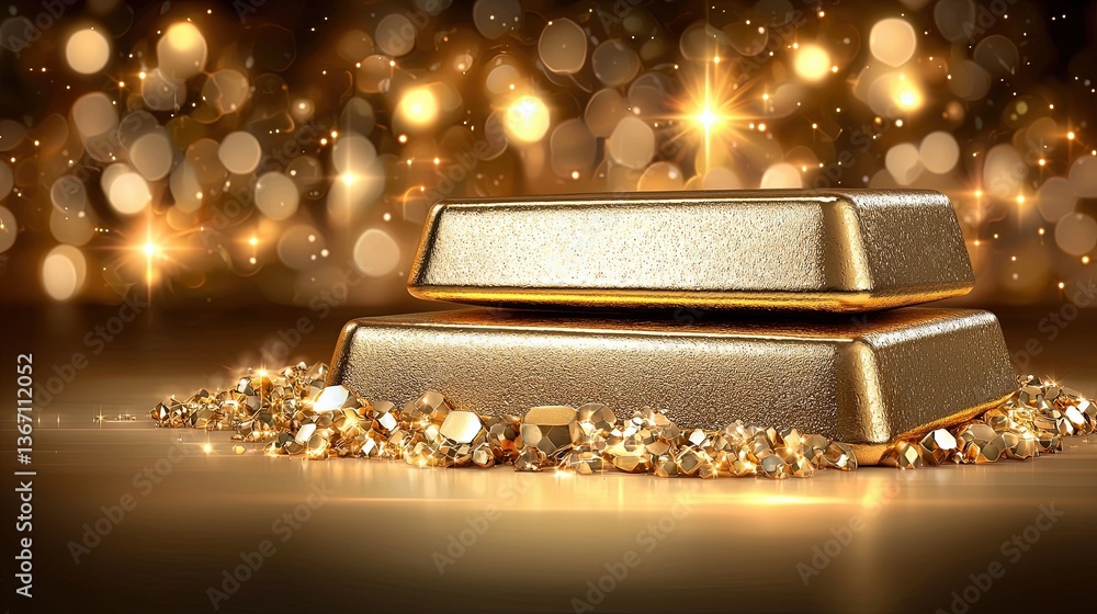 Poster stunning illustration of golden bars surrounded by sparkling gems in anime inspired style with dynam