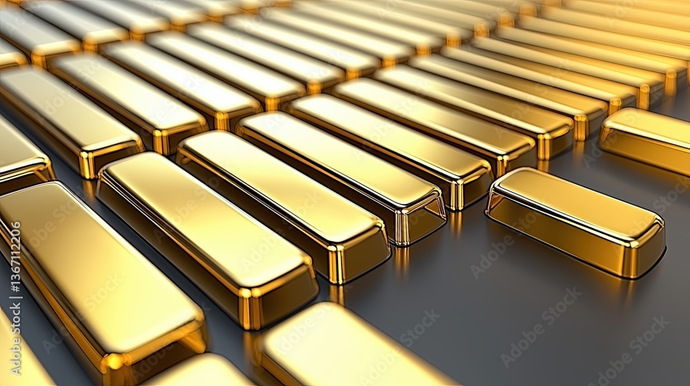Poster shiny gold bars arranged neatly on a metallic surface, reflecting light in an artistic display of we