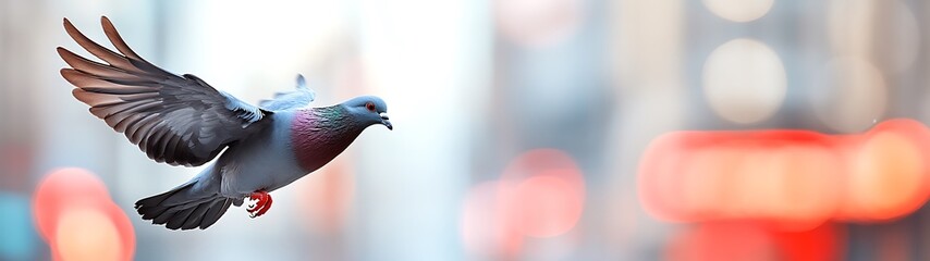 A pigeon in flight against a blurred city backdrop. © Sungguh