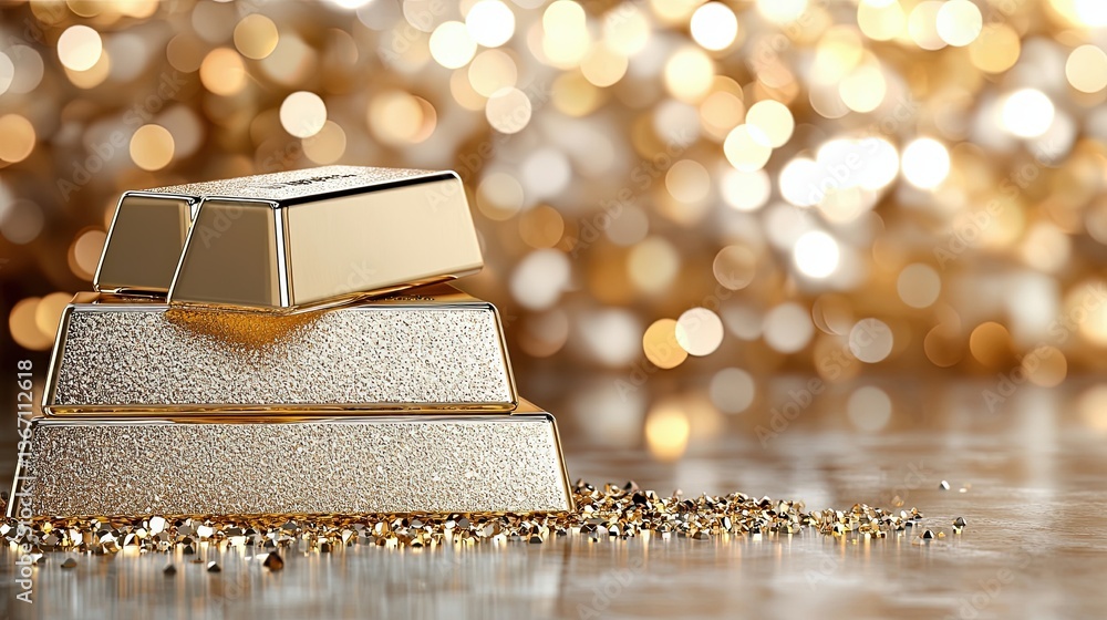 Poster Golden Ingots Piled High Adding Sparkle to the Scene with a Reflective Surface and Soft Bokeh Background in a Luxurious Setting