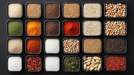 Fototapeta premium Collection of Diverse Spices and Herbs in Separate Containers on Dark Background for Culinary Arts