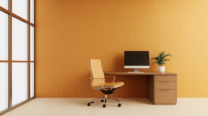 Contemporary office space with cinnamon-hued walls, sleek desk, modern chair, and large windows letting in natural light, stylish and functional