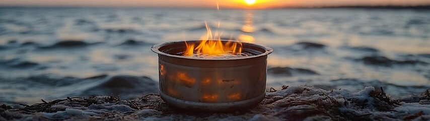 Sunset beach bonfire in metal container.