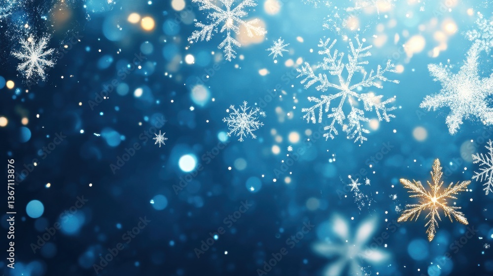 Poster abstract christmas background with falling snowflakes and sparkling stars on blue background with em