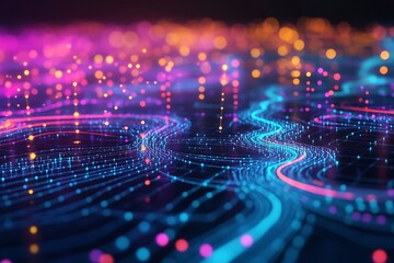 An abstract representation of a customer journey map with vibrant colors and interconnected nodes in a digital environment