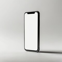 Smartphone with blank screen isolated on white background. Top view.