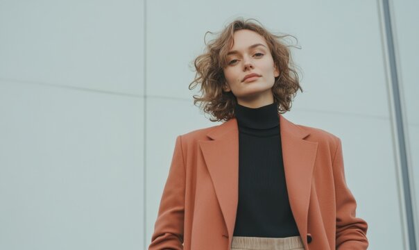 Fashionable woman in salmon blazer with curly hair posing against minimalist gray wall. Modern urban style. Confident and stylish look for social media, blog, advertising. Copy space