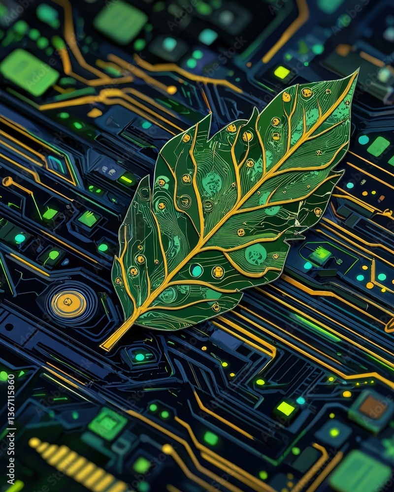 Poster intricate leaf positioned on a circuit board symbolizing the intersection of nature and technology
