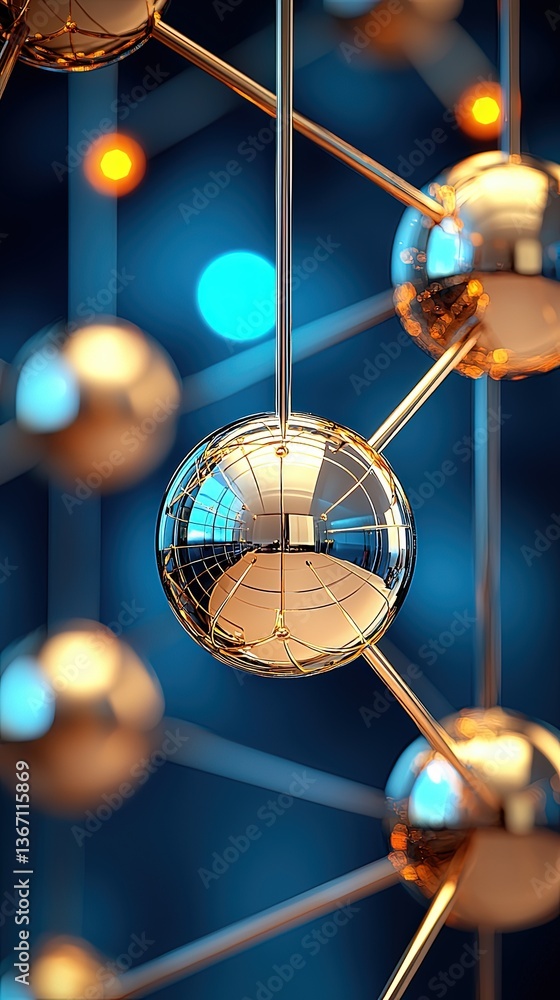 Poster 3d digital illustration of a reflective sphere within an abstract molecular structure surrounded by 