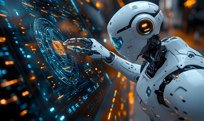 Fototapeta premium White Robot Interacting with a Glowing Digital Interface